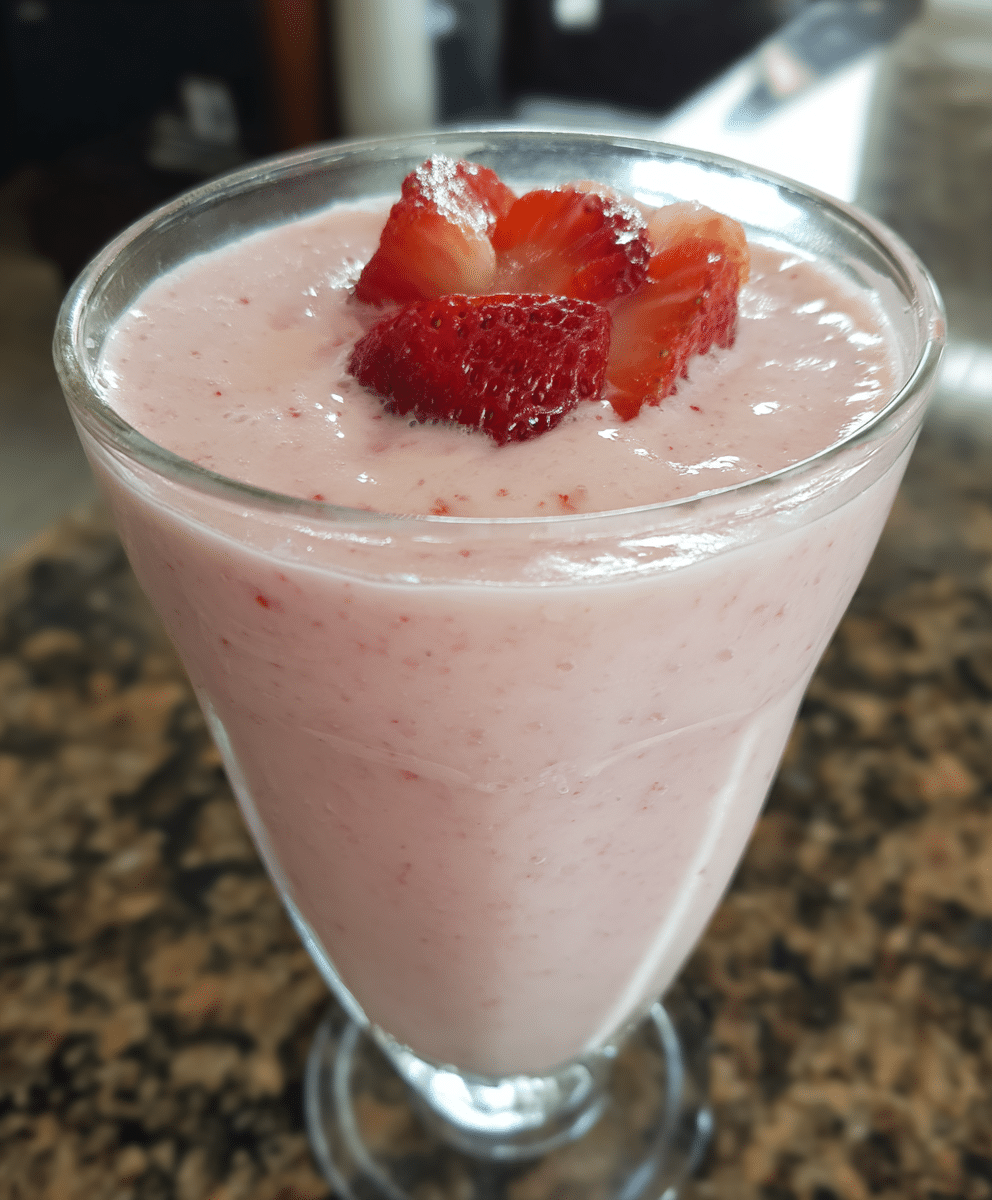 Smoothie King Strawberry Yogurt Delight in a tall glass with mint and strawberry garnish.