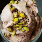 Step-by-step process of making chocolate and pistachio ice cream.