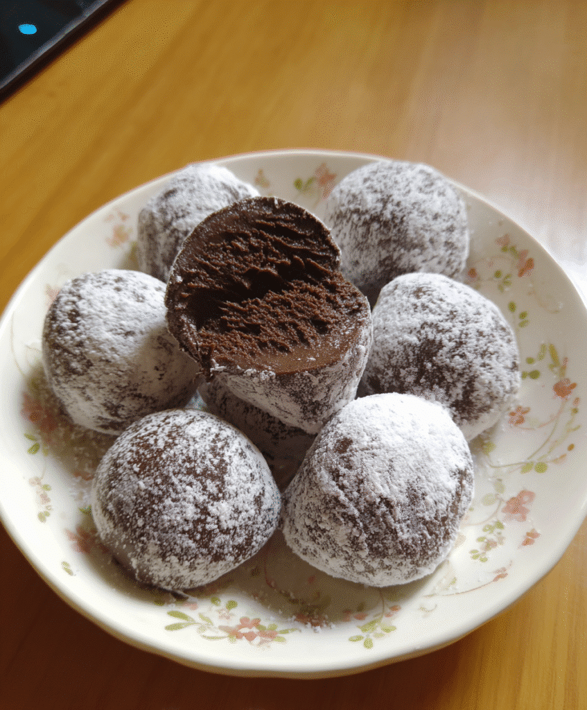 Served Chocolate Mochi Ice Cream Bites on a Plate