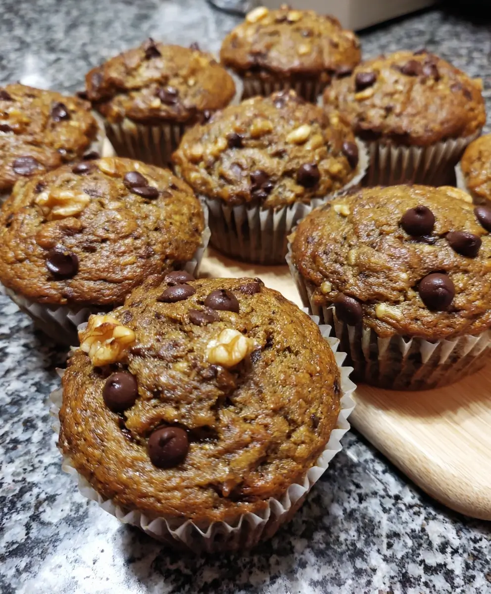 Ingredients for healthy chocolate chip banana bread muffins laid out on a kitchen counter