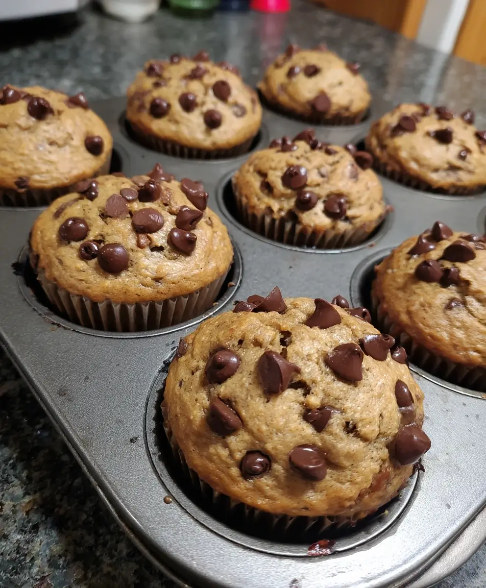 Healthy chocolate chip banana bread muffins fresh out of the oven