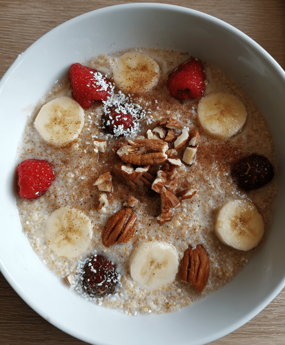 Quinoa flakes porridge with fresh fruits and nuts
