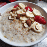 Cooking quinoa flakes porridge in a saucepan
