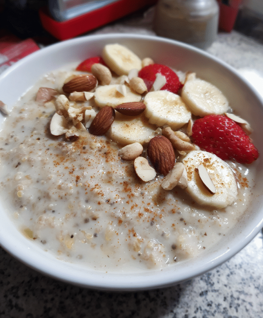 Cooking quinoa flakes porridge in a saucepan