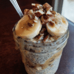 Overnight oats with banana and chia seeds in a jar, a healthy breakfast option.