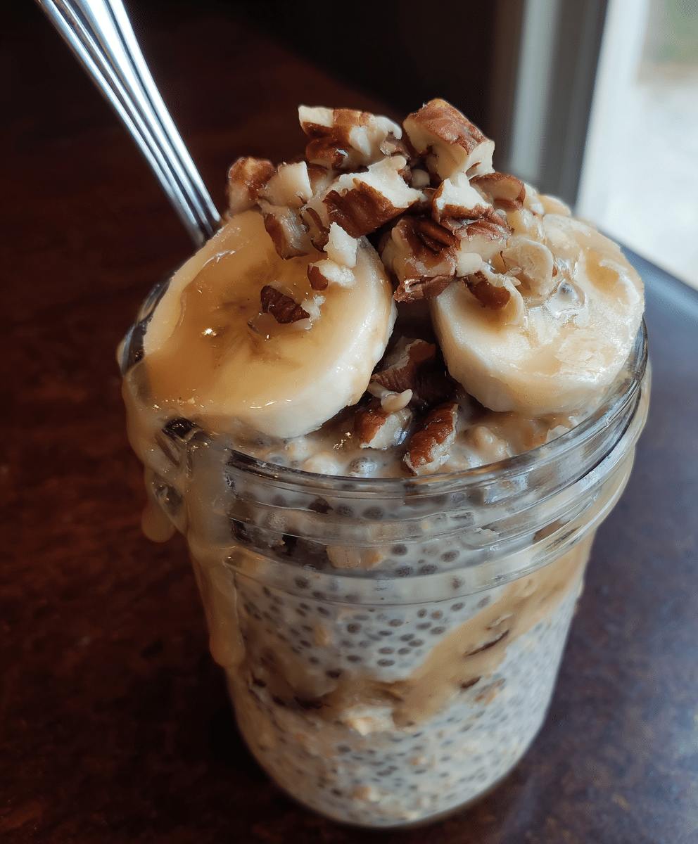 Overnight oats with banana and chia seeds in a jar, a healthy breakfast option.