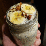 Ingredients for overnight oats with banana and chia seeds laid out on the kitchen counter.