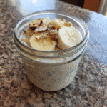 Preparing overnight oats with chia seeds and banana in a jar, ready for soaking.