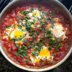 Shakshuka with Tomato Sauce in a skillet topped with poached eggs, fresh parsley, and crusty bread.