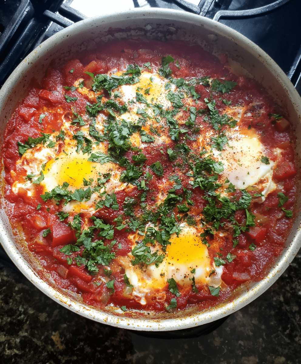 Shakshuka with Tomato Sauce in a skillet topped with poached eggs, fresh parsley, and crusty bread.