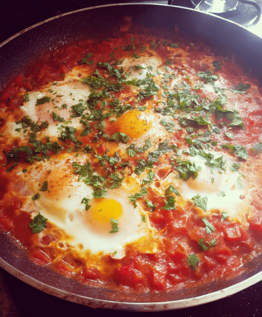 Ingredients for shakshuka with tomato sauce, including tomatoes, eggs, garlic, and spices.

