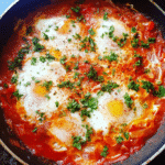 Cooking shakshuka in a skillet with eggs poaching in a spiced tomato sauce.