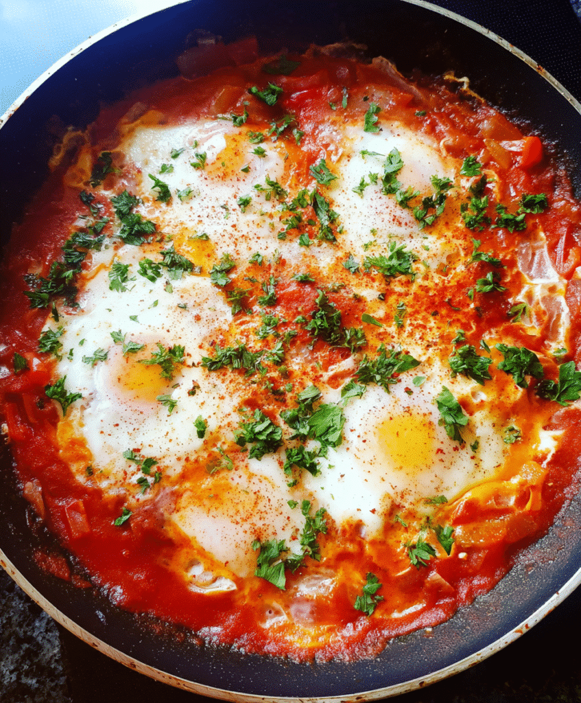 Cooking shakshuka in a skillet with eggs poaching in a spiced tomato sauce.

