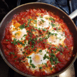 A bowl of shakshuka with tomato sauce served with crusty bread for dipping.