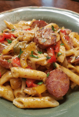 Cajun Sausage Pasta in rustic bowl