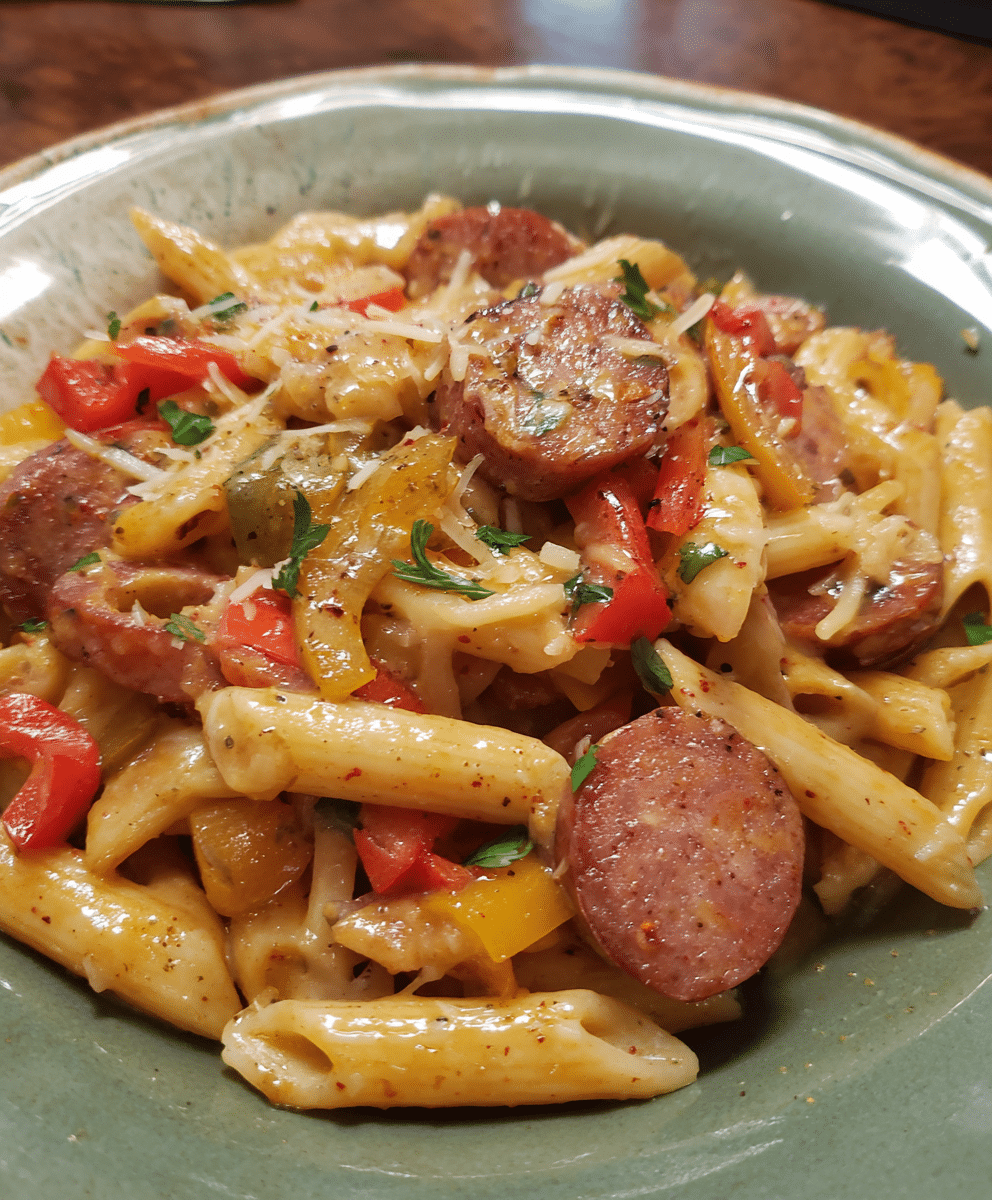 Cajun Sausage Pasta in rustic bowl