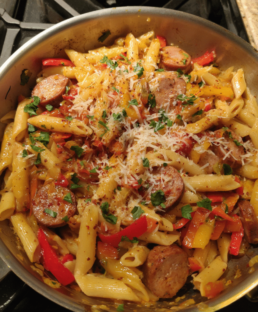 Serving Cajun Sausage Pasta with bread