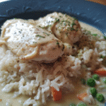 Crockpot rice and chicken creamy casserole in slow cooker