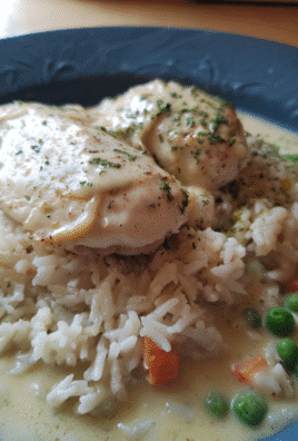 Crockpot rice and chicken creamy casserole in slow cooker