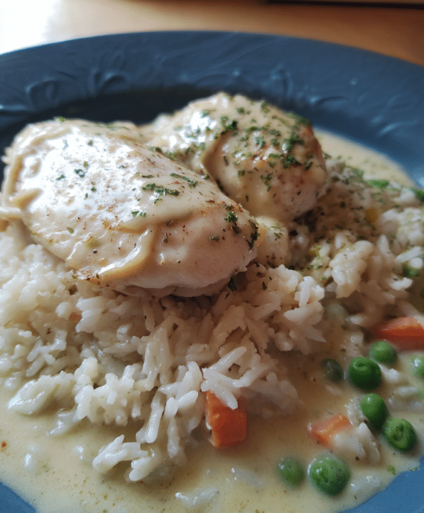Crockpot rice and chicken creamy casserole in slow cooker