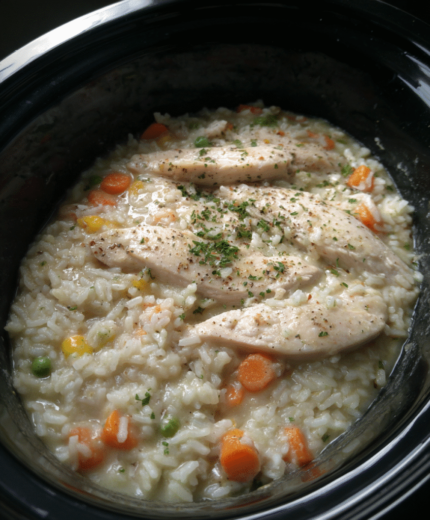 Ingredients for crockpot rice and chicken recipe on kitchen counter