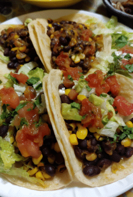 Easy vegetarian tacos with black beans on rustic plate