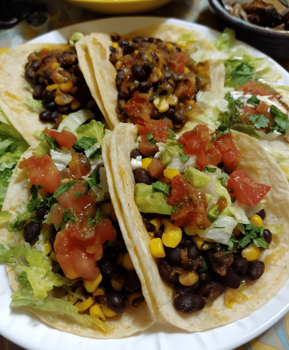 Easy vegetarian tacos with black beans on rustic plate