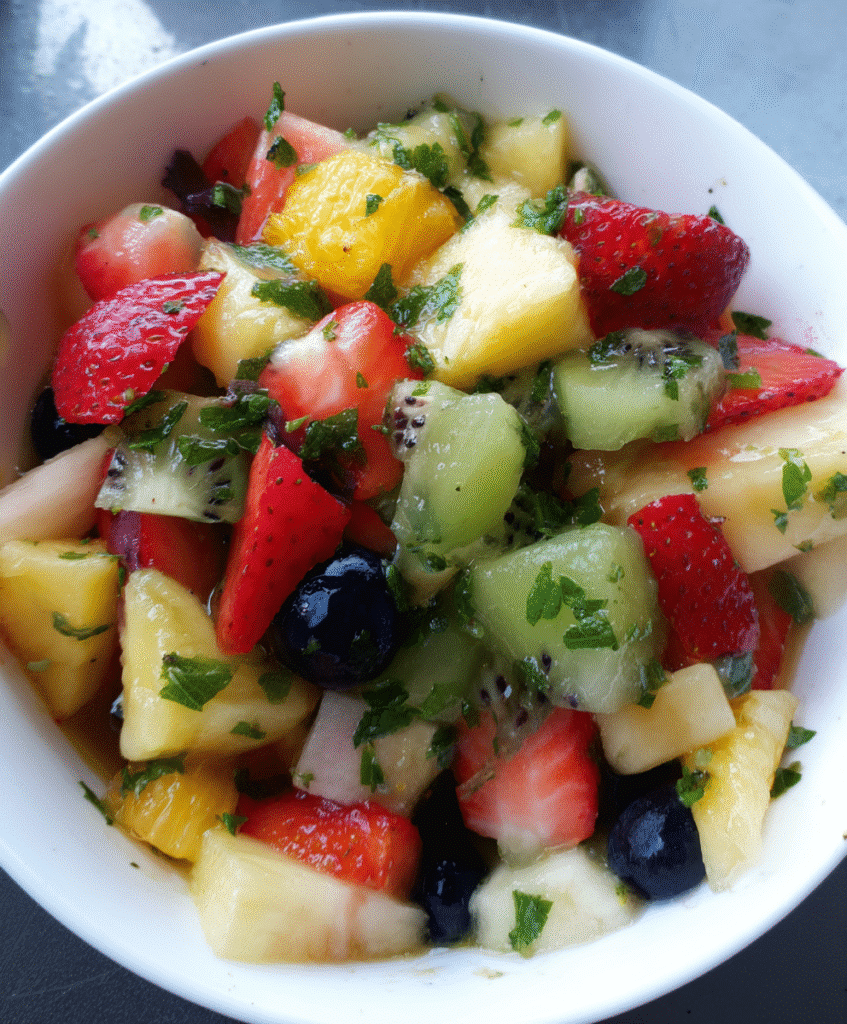 Fresh Fruit Salad with Honey Mint and Lime Syrup