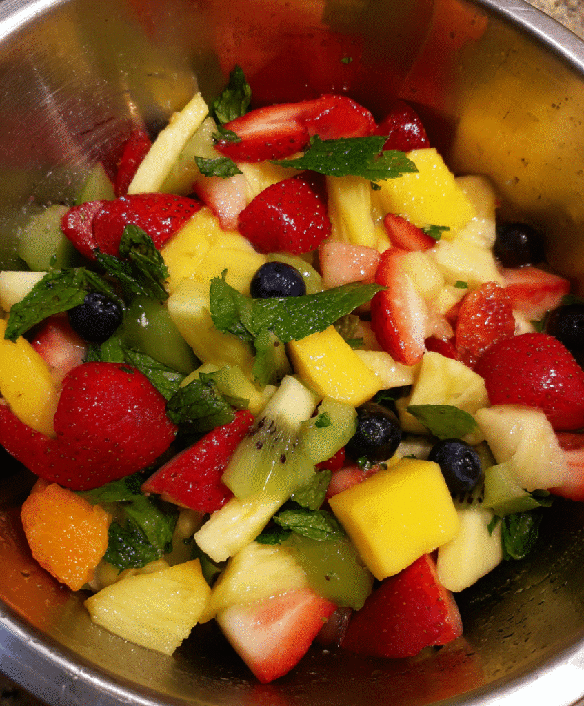 Fresh Fruit Salad Recipe Card with Honey Mint Lime Syrup

