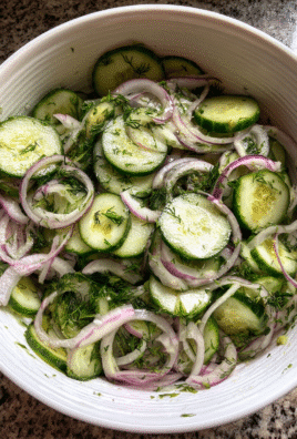Fresh kitchen cucumber salad with red onion and dill