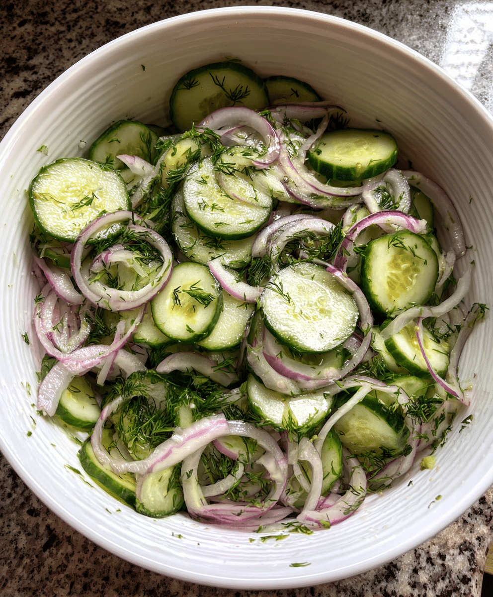 Fresh kitchen cucumber salad with red onion and dill