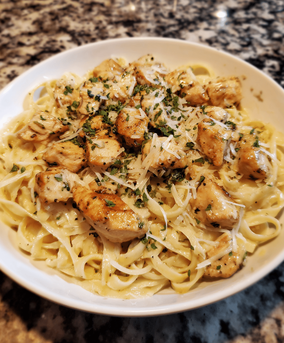 Garlic butter chicken bites with creamy Parmesan pasta, garnished with parsley.