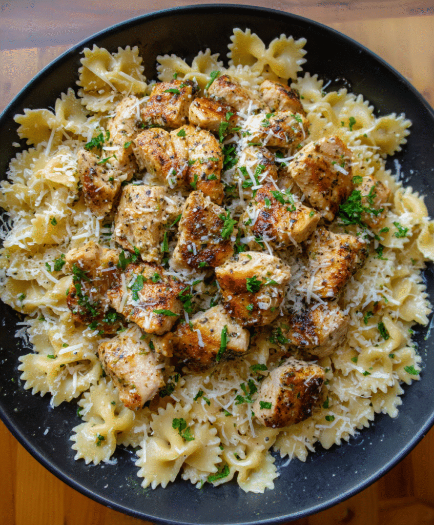 Garlic butter chicken bites with creamy Parmesan pasta, garnished with fresh parsley.
