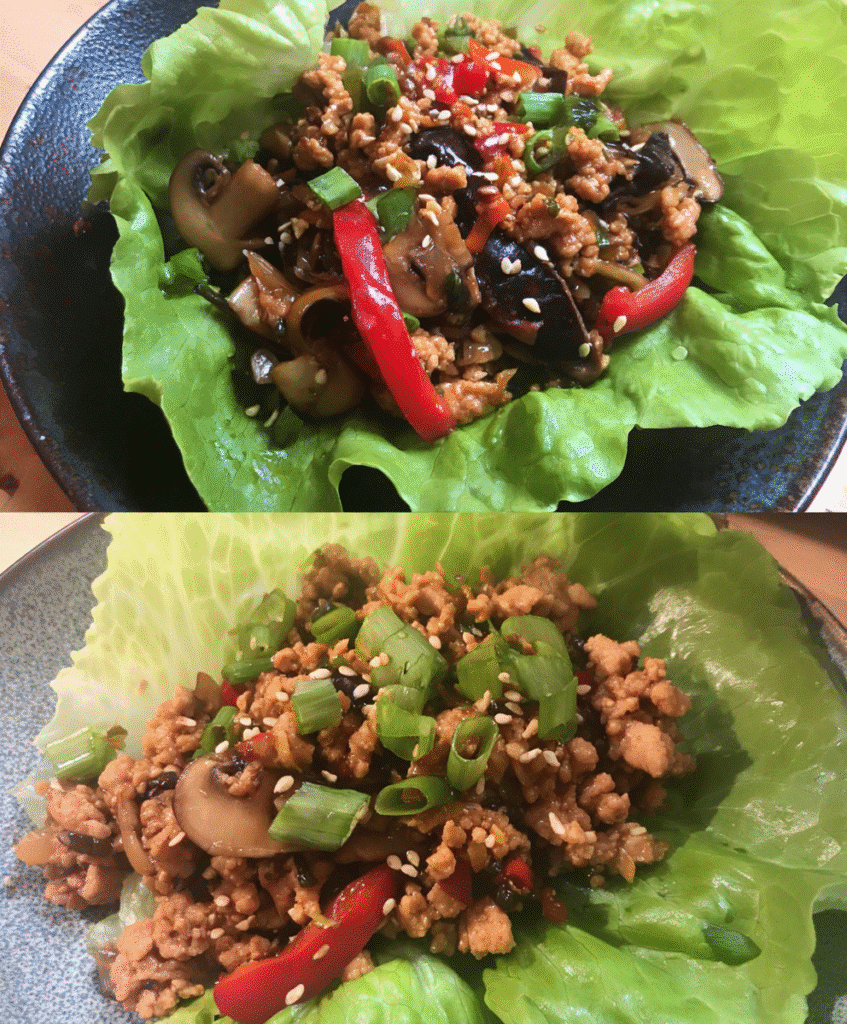 Healthy Chicken Lettuce Wraps filling spooned into crisp lettuce leaves