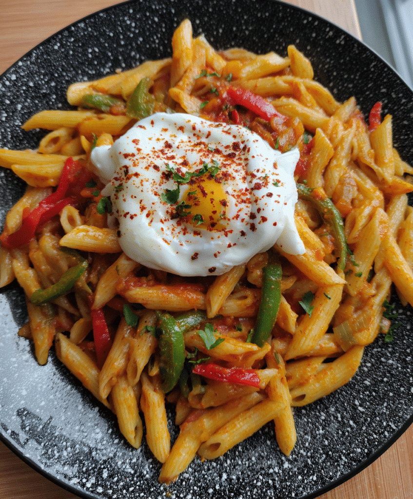 ealthy Turkish Pasta Recipe bowl with veggies and feta
