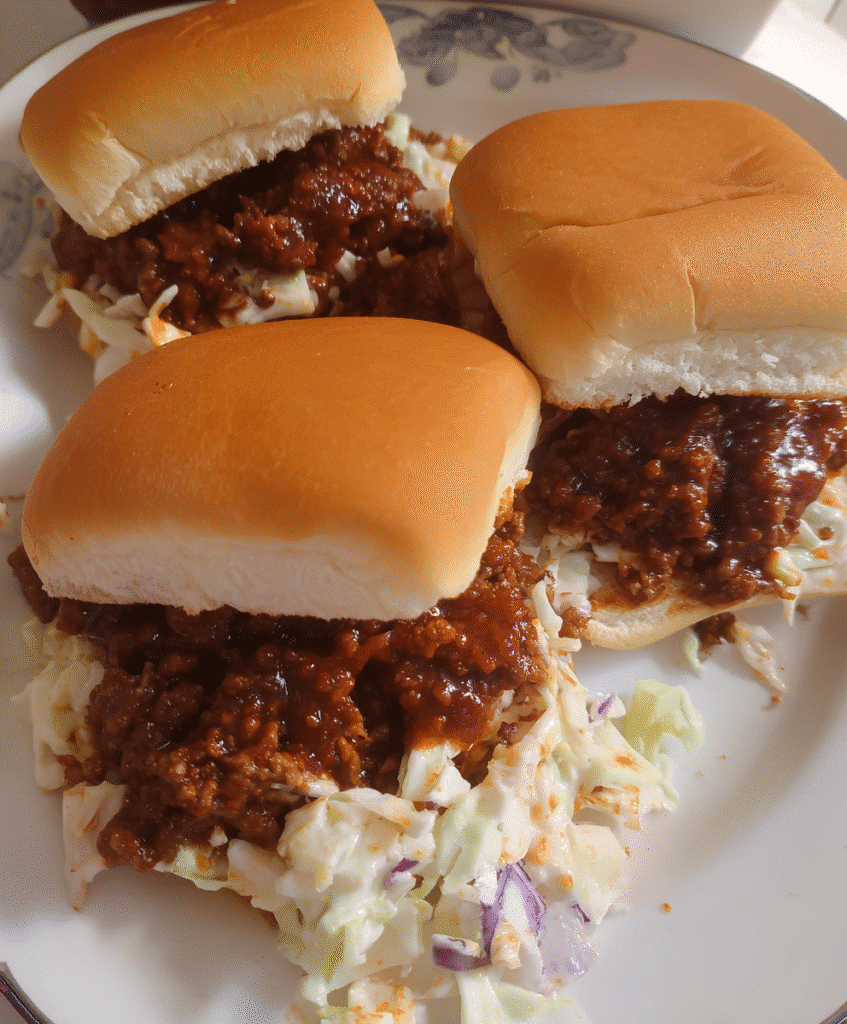 BBQ ground beef sandwiches on toasted buns