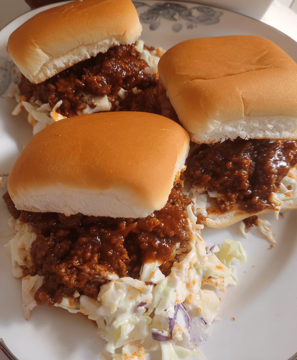 BBQ ground beef sandwiches on toasted buns