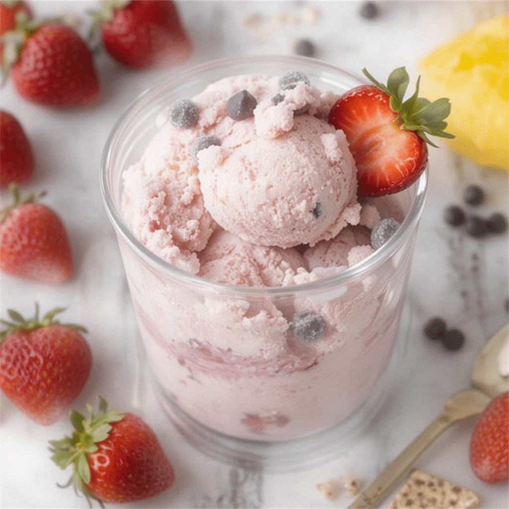 Strawberry cottage cheese ice cream served with toppings