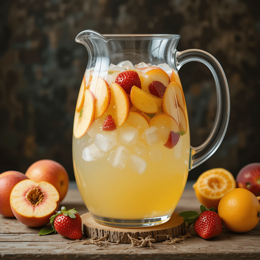 Served white peach sangria with fruit and mint