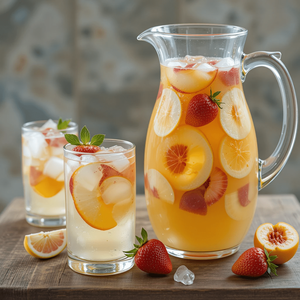 White Peach Sangria in a summer pitcher