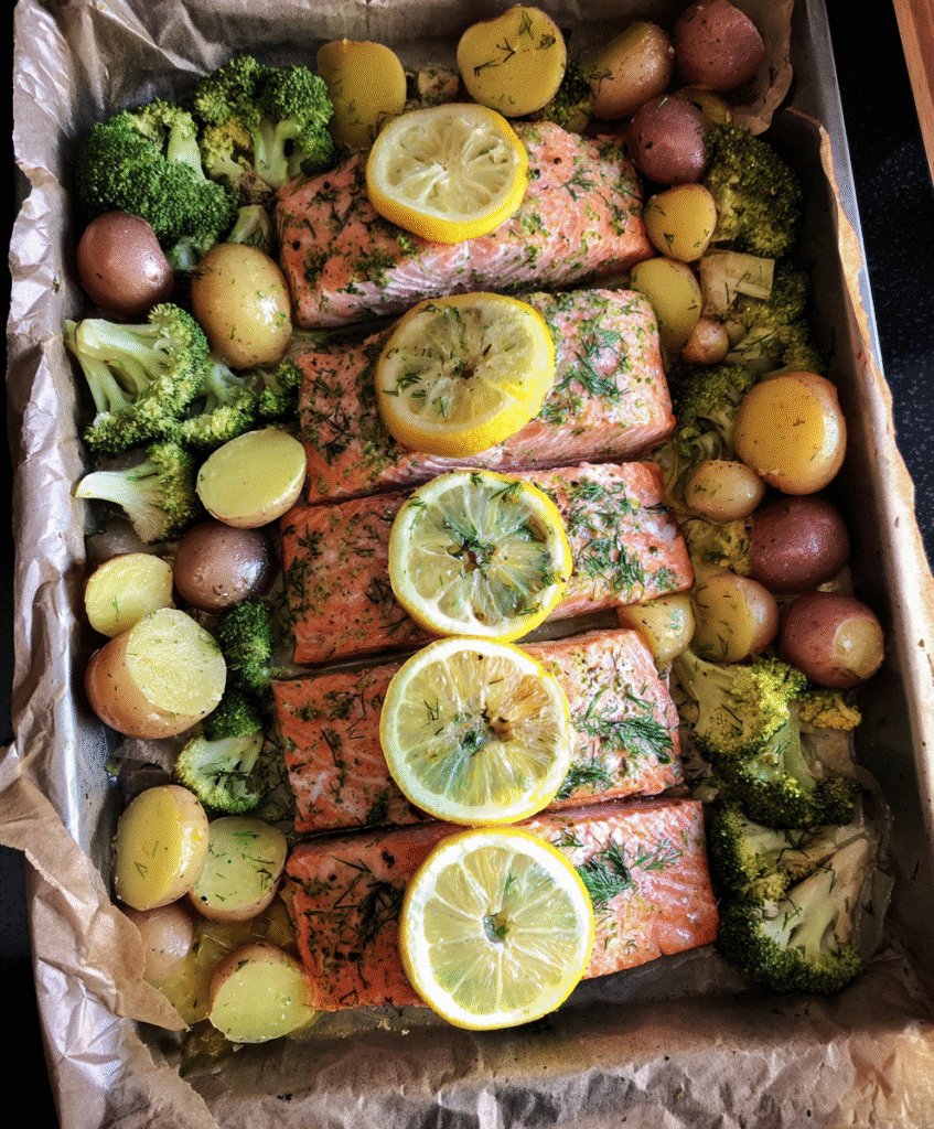 Sheet Pan Lemon Herb Salmon with Veggies Served