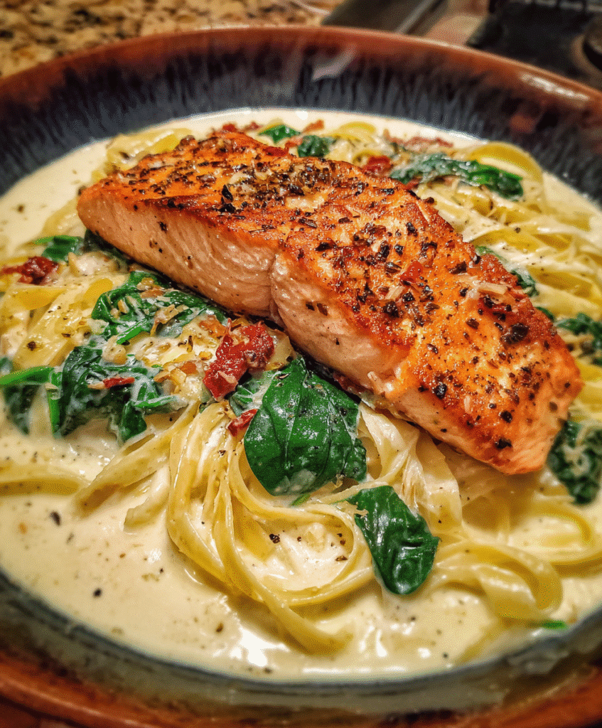 Tuscan salmon served on pasta