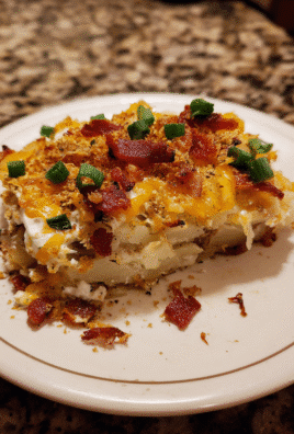 Twice Baked Potato Lasagna baked with cheese and bacon