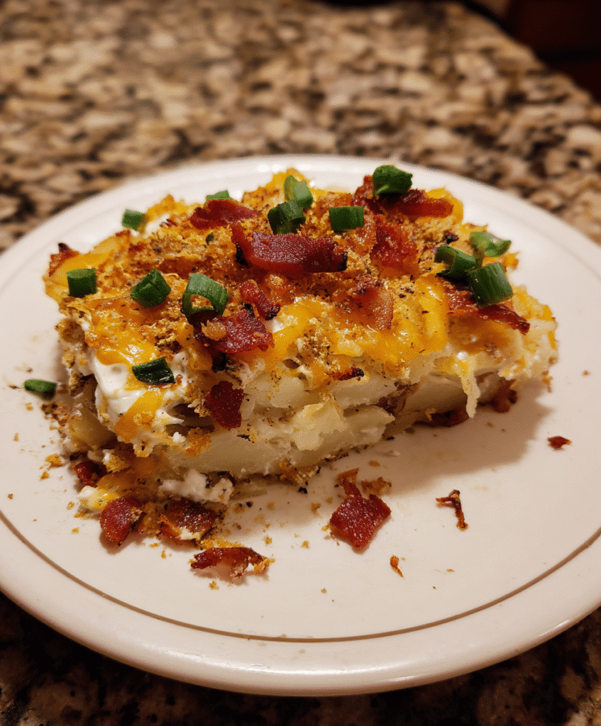 Twice Baked Potato Lasagna baked with cheese and bacon